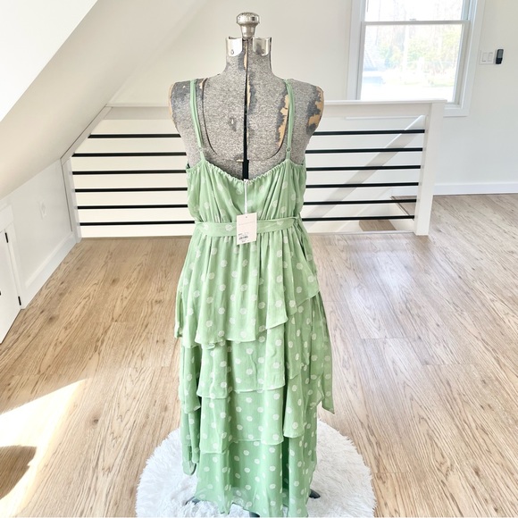 NWT XS L LC Lauren Conrad, white and mint green polkadot, midi high low dress - Picture 9 of 10